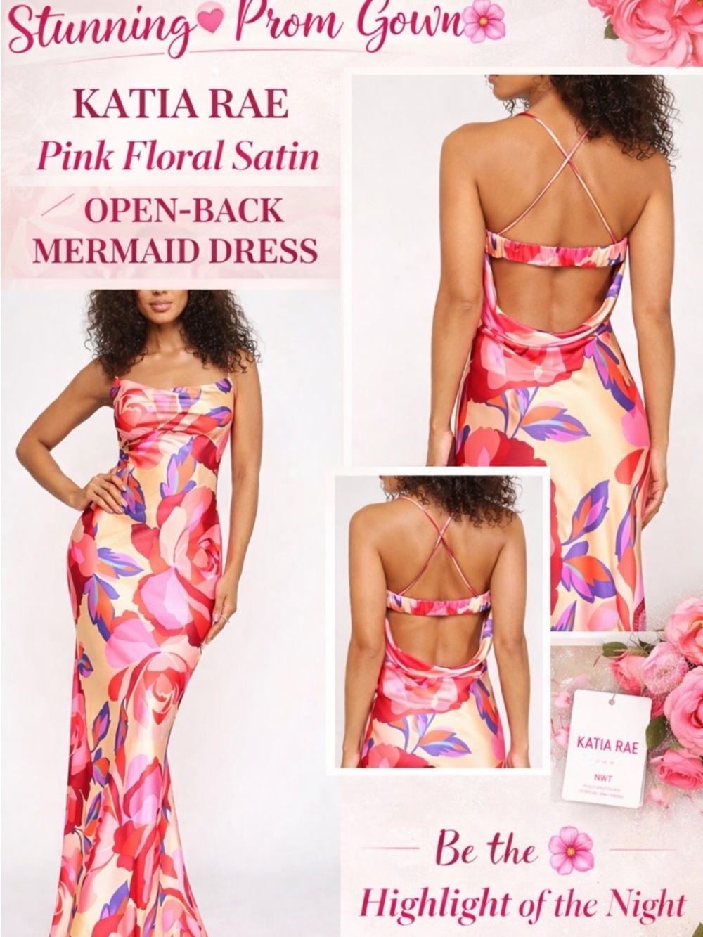Katia Rae Pink Floral Satin Prom Gown Open Back Mermaid Maxi Dress NWT S